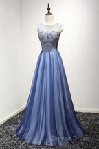 A Line Sheer Neck Rhinestones Long Tulle Prom Dresses Floor Length Beautiful