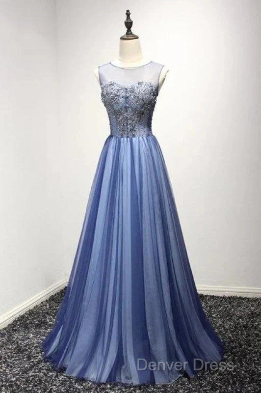 A Line Sheer Neck Rhinestones Long Tulle Prom Dresses Floor Length Beautiful