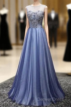 A Line Sheer Neck Rhinestones Long Tulle Prom Dresses Floor Length Beautiful