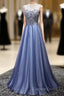 A Line Sheer Neck Rhinestones Long Tulle Prom Dresses Floor Length Beautiful