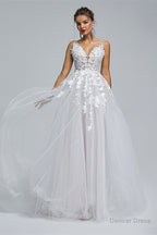 A Line SHEER STRAPS V Neck TULLE APPLIQUE Floor Length SLEEVELESS WEDDING Dresses