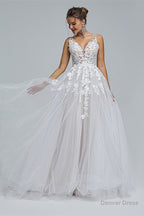A Line SHEER STRAPS V Neck TULLE APPLIQUE Floor Length SLEEVELESS WEDDING Dresses