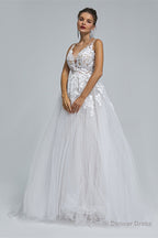 A Line SHEER STRAPS V Neck TULLE APPLIQUE Floor Length SLEEVELESS WEDDING Dresses