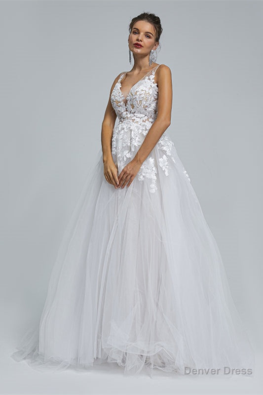 A Line SHEER STRAPS V Neck TULLE APPLIQUE Floor Length SLEEVELESS WEDDING Dresses