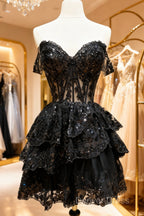 A-Line Short Black Prom Dress Sheer Corset Bodice Homecoming Dresses