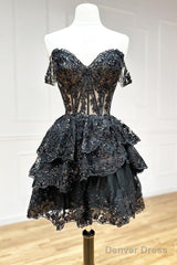 A-Line Short Black Prom Dress Sheer Corset Bodice Homecoming Dress