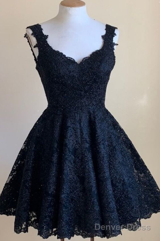A-Line Short Navy Blue Lace Homecoming Dresses Main image
