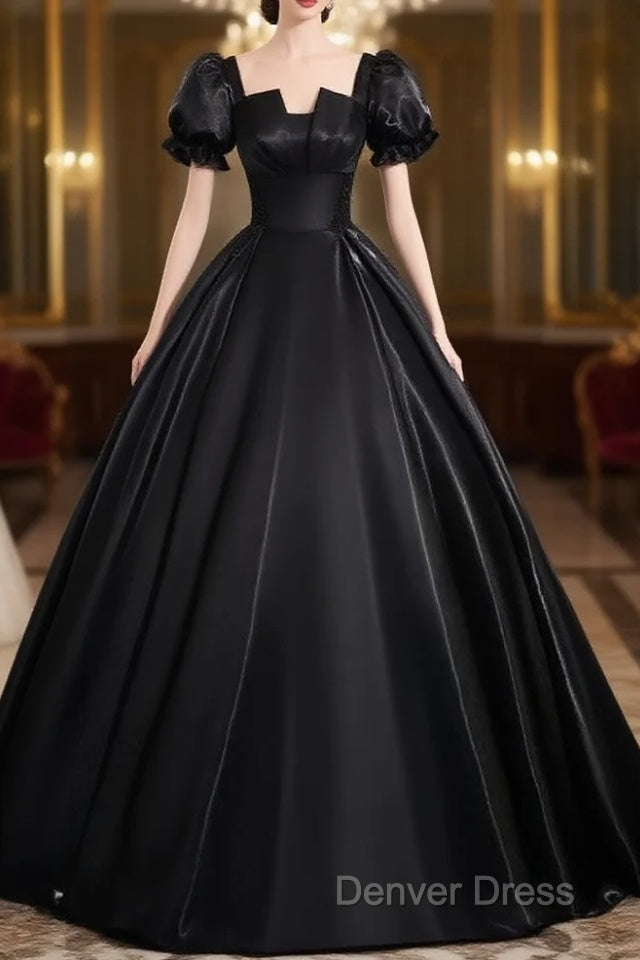A-Line Short Sleeve Black Satin Long Prom Dresses, Black Long Formal Dresses Main image