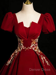 A-Line Short Sleeve Satin Lace Applique Burgundy Long Prom Dresses