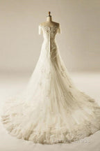 A Line Short Sleeve Waist Lace Wedding Dresses With Appliques Beading
