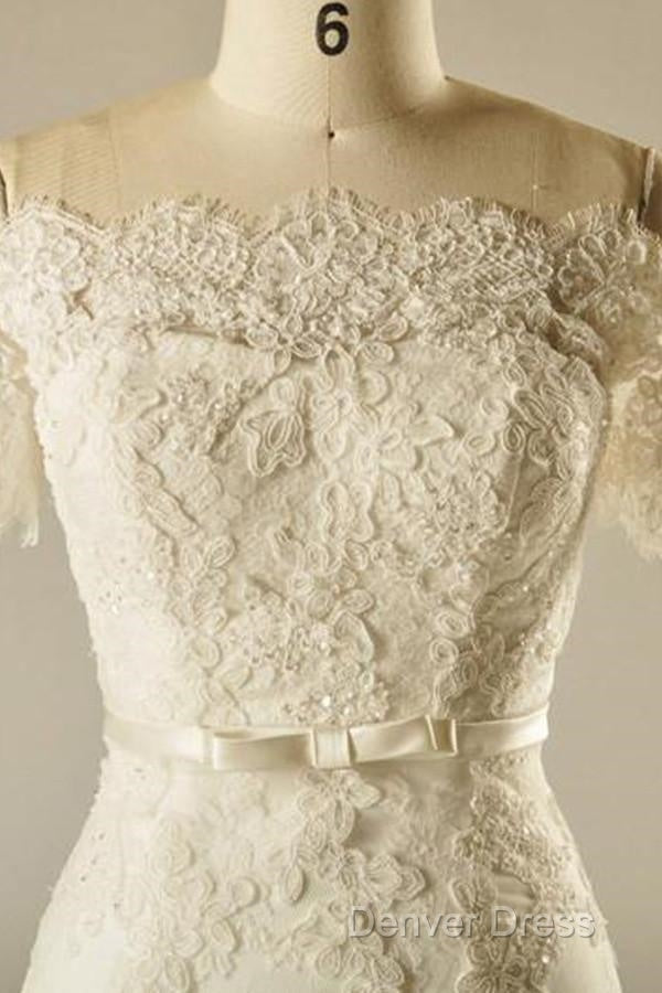 A-Line Short Sleeve Waist Lace Wedding Dresses With Appliques Beading