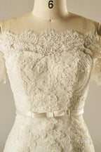 A Line Short Sleeve Waist Lace Wedding Dresses With Appliques Beading