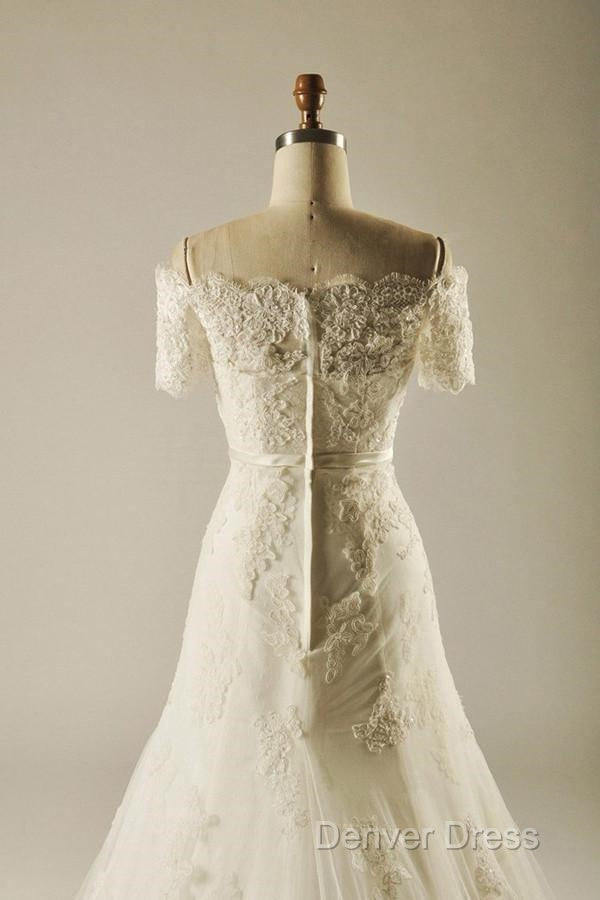 A Line Short Sleeve Waist Lace Wedding Dresses With Appliques Beading