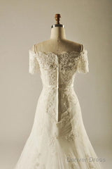 A-Line Short Sleeve Waist Lace Wedding Dress With Appliques Beading