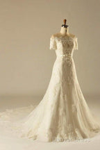 A Line Short Sleeve Waist Lace Wedding Dresses With Appliques Beading