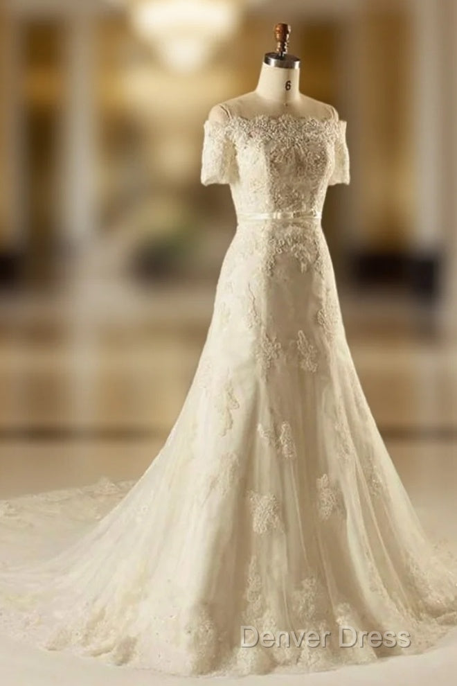 A-Line Short Sleeve Waist Lace Wedding Dresses With Appliques Beading