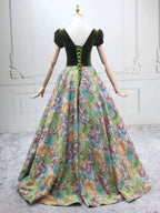 A-Line Short Sleeves Green Long Prom Dresses, Printed Satin Green Long Evening Dresses