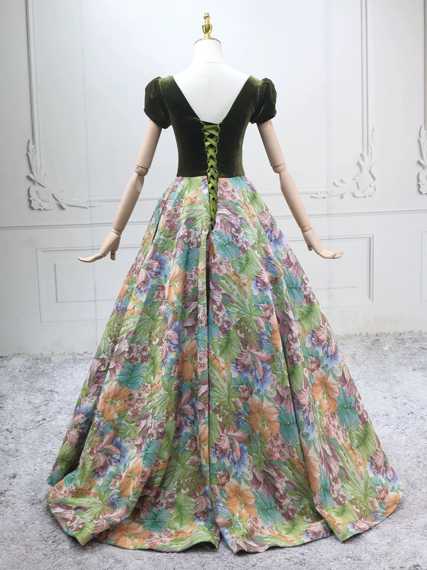 A-Line Short Sleeves Green Long Prom Dresses, Printed Satin Green Long Evening Dresses
