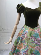 A-Line Short Sleeves Green Long Prom Dresses, Printed Satin Green Long Evening Dresses