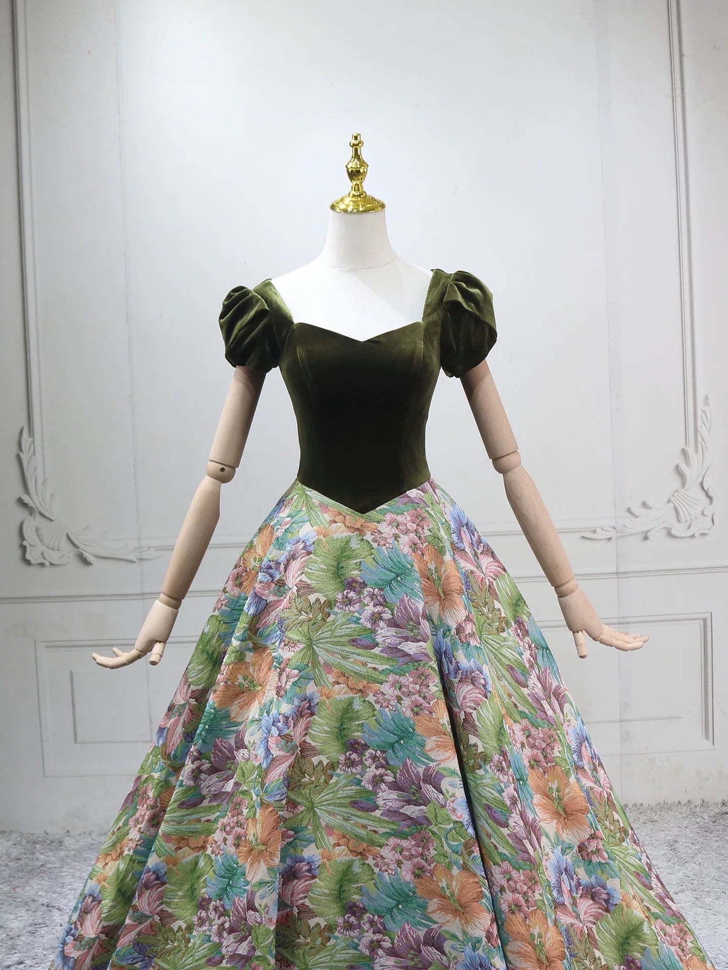 A-Line Short Sleeves Green Long Prom Dresses, Printed Satin Green Long Evening Dresses