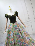 A-Line Short Sleeves Green Long Prom Dresses, Printed Satin Green Long Evening Dresses