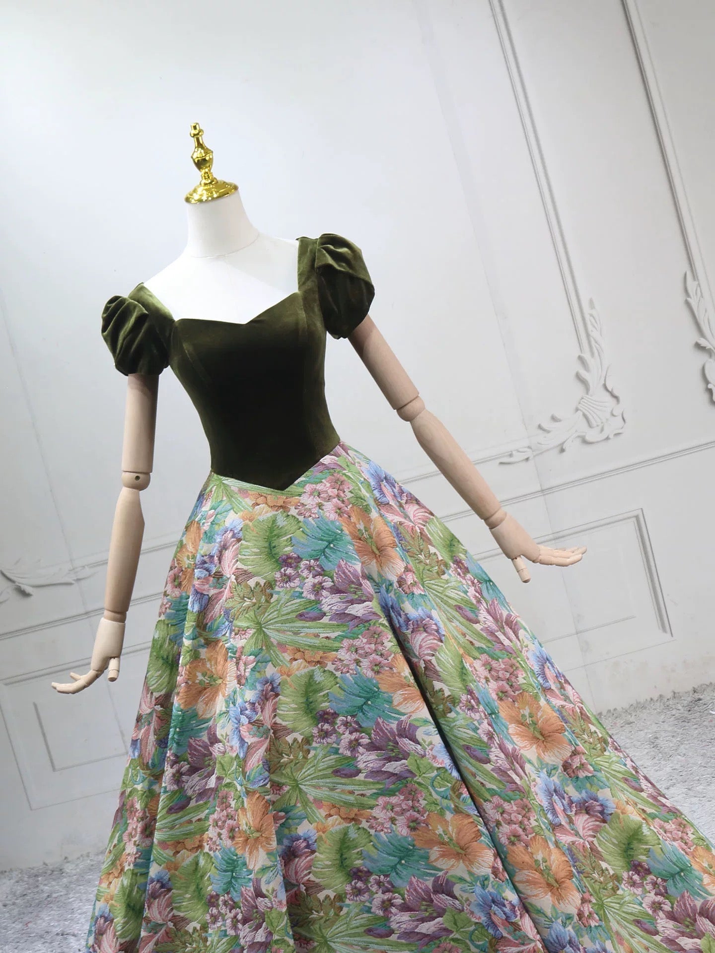 A-Line Short Sleeves Green Long Prom Dresses, Printed Satin Green Long Evening Dresses
