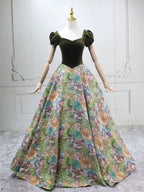 A-Line Short Sleeves Green Long Prom Dresses, Printed Satin Green Long Evening Dresses