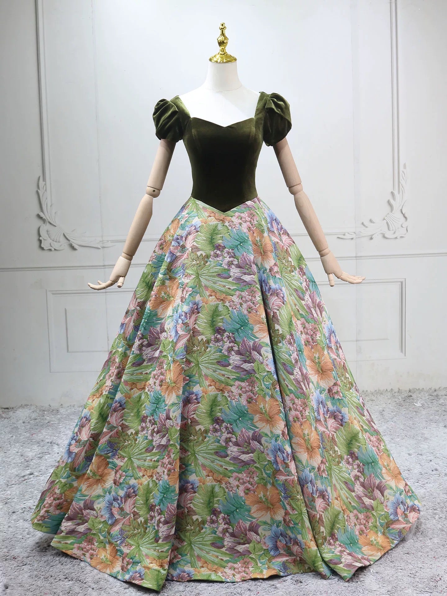 A-Line Short Sleeves Green Long Prom Dresses, Printed Satin Green Long Evening Dresses