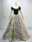 A-Line Short Sleeves Green Long Prom Dresses, Printed Satin Green Long Evening Dresses