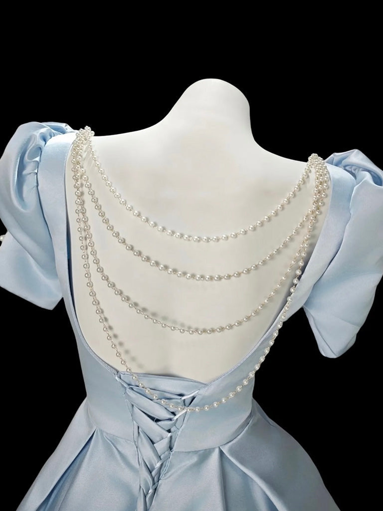 A-Line Short Sleeves Satin Blue Short Prom Dresses With Beads