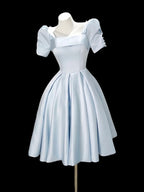 A-Line Short Sleeves Satin Blue Short Prom Dresses With Beads