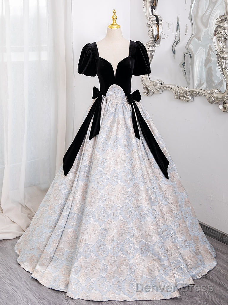 A-Line Short Sleeves Satin Velvet Black Long Prom Dress, Black Long Formal Dress Main image