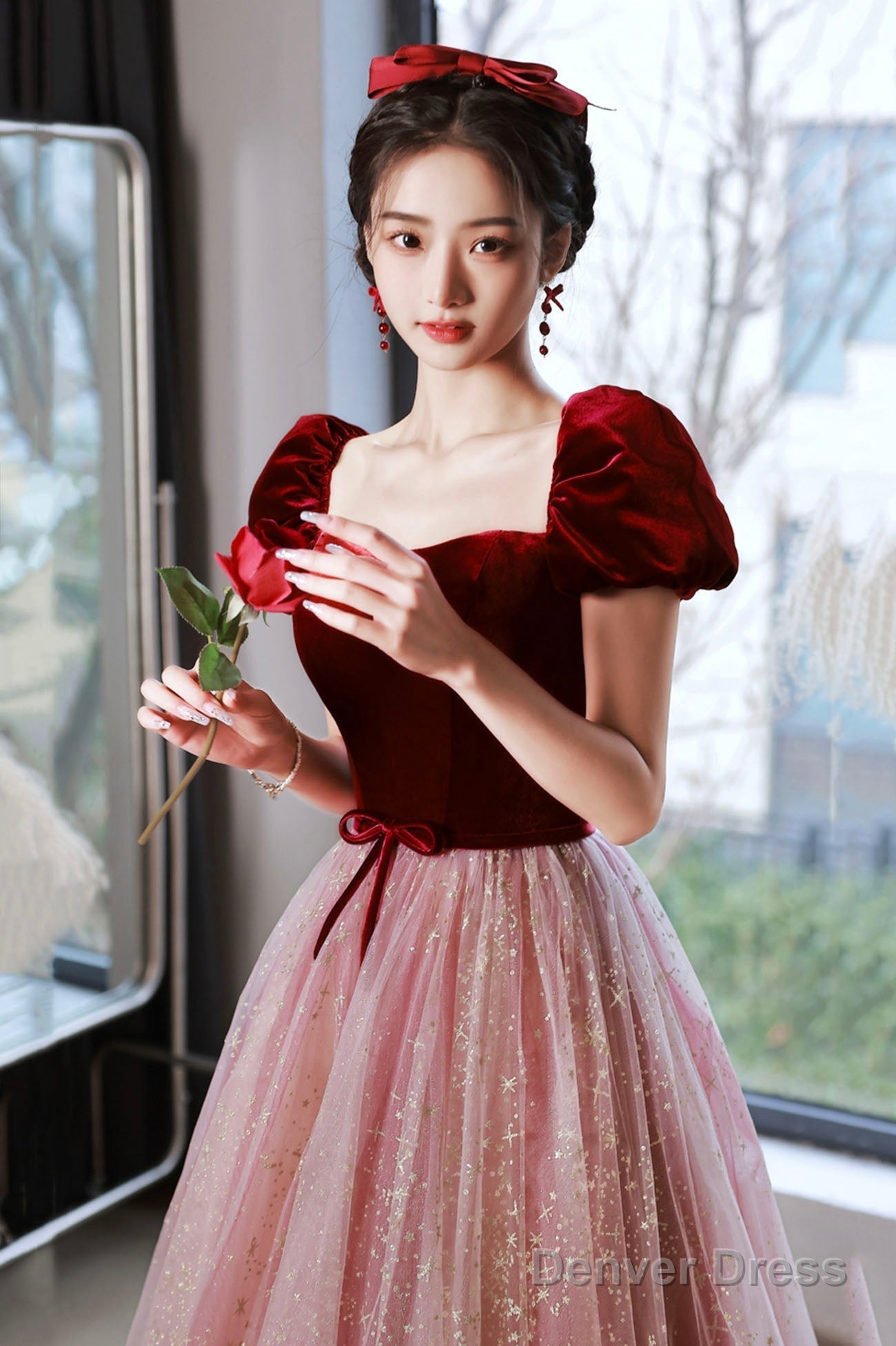 A-Line Short Tulle Floor Length Prom Dress, Lovely Pink Graduation Dress