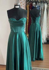 A-Line Silk Like Emerald Green Satin Prom Dresses  Ruched Pleated