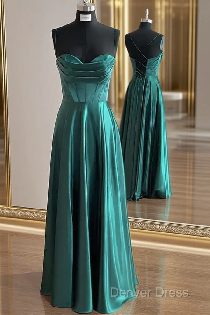 A-Line Silk Like Emerald Green Satin Prom Dresses  Ruched Pleated Main image