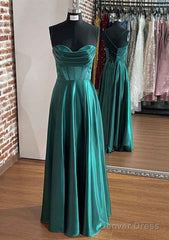 A-Line Silk Like Emerald Green Satin Prom Dresses  Ruched Pleated