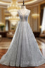 A-Line Silver Gray Tulle Sequins See Through V-neck Backless Prom Dresses