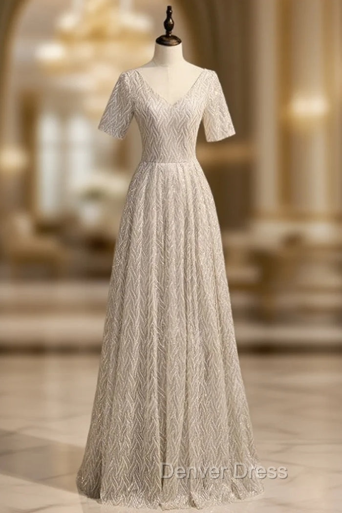 A-Line Silver Sequins V-neck Short Sleeve Prom Dresses Main image