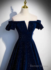 A-Line Simple Navy Blue Velvet Off Shoulder Prom Dress, Navy Blue Evening Dress