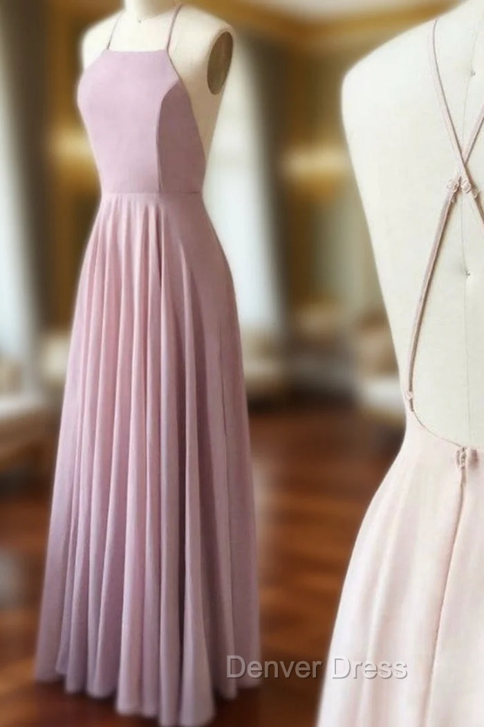 A Line Simple Pink Chiffon Halter Crosed Straps Prom Dresses