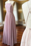 A Line Simple Pink Chiffon Halter Crosed Straps Prom Dresses