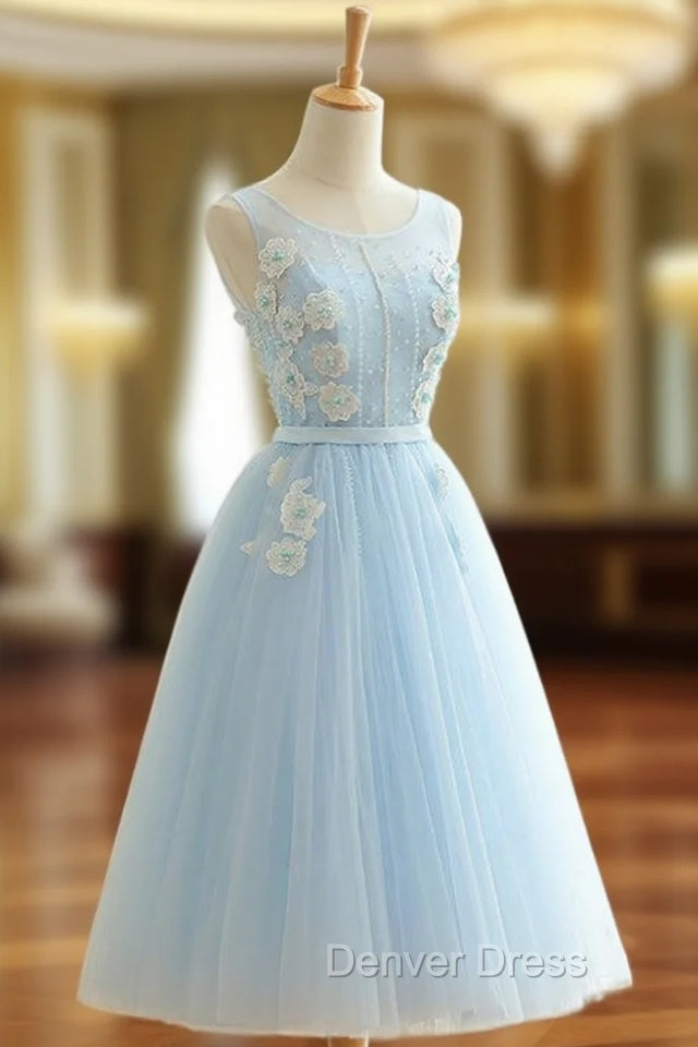 A-Line Sky Blue Tulle Backless Appliques Homecoming Dresses With Pearls