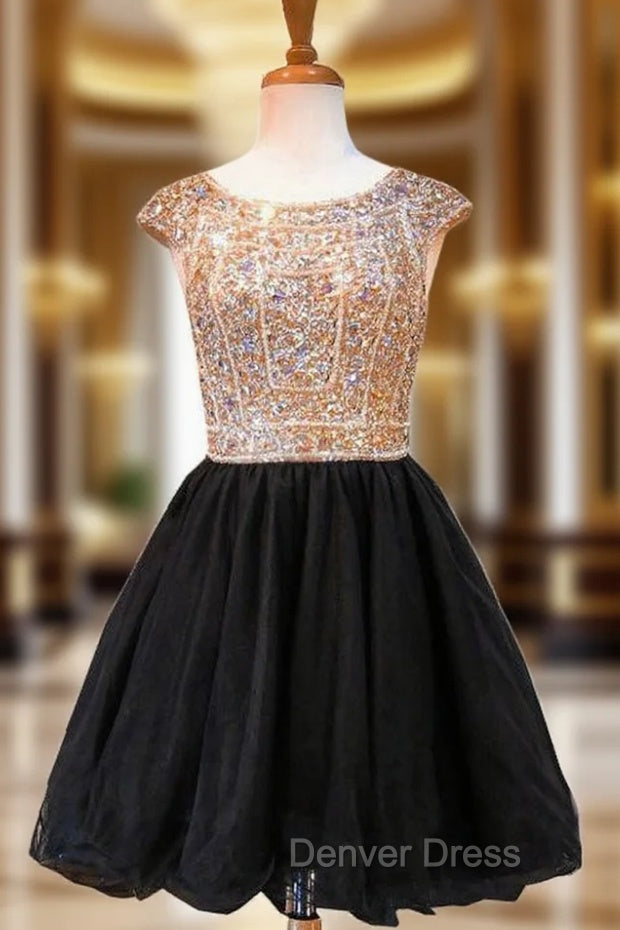 A Line Sleeveless Beaded Crystals Backless Black Homecoming Dresses Main image