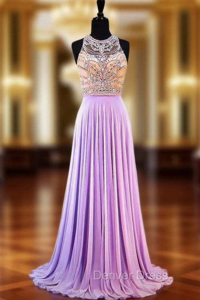A-line Sleeveless Beaded Crystals Backless Lilac Chiffon Prom Dresses