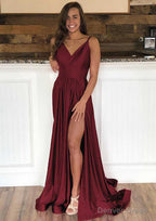A-line Sleeveless Court Train Satin Prom Dresses With Pleated Split