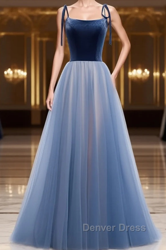 A Line Sleeveless Floor Length Blue Prom Dress, Blue Long Prom Bridesmaid Prom Dresses