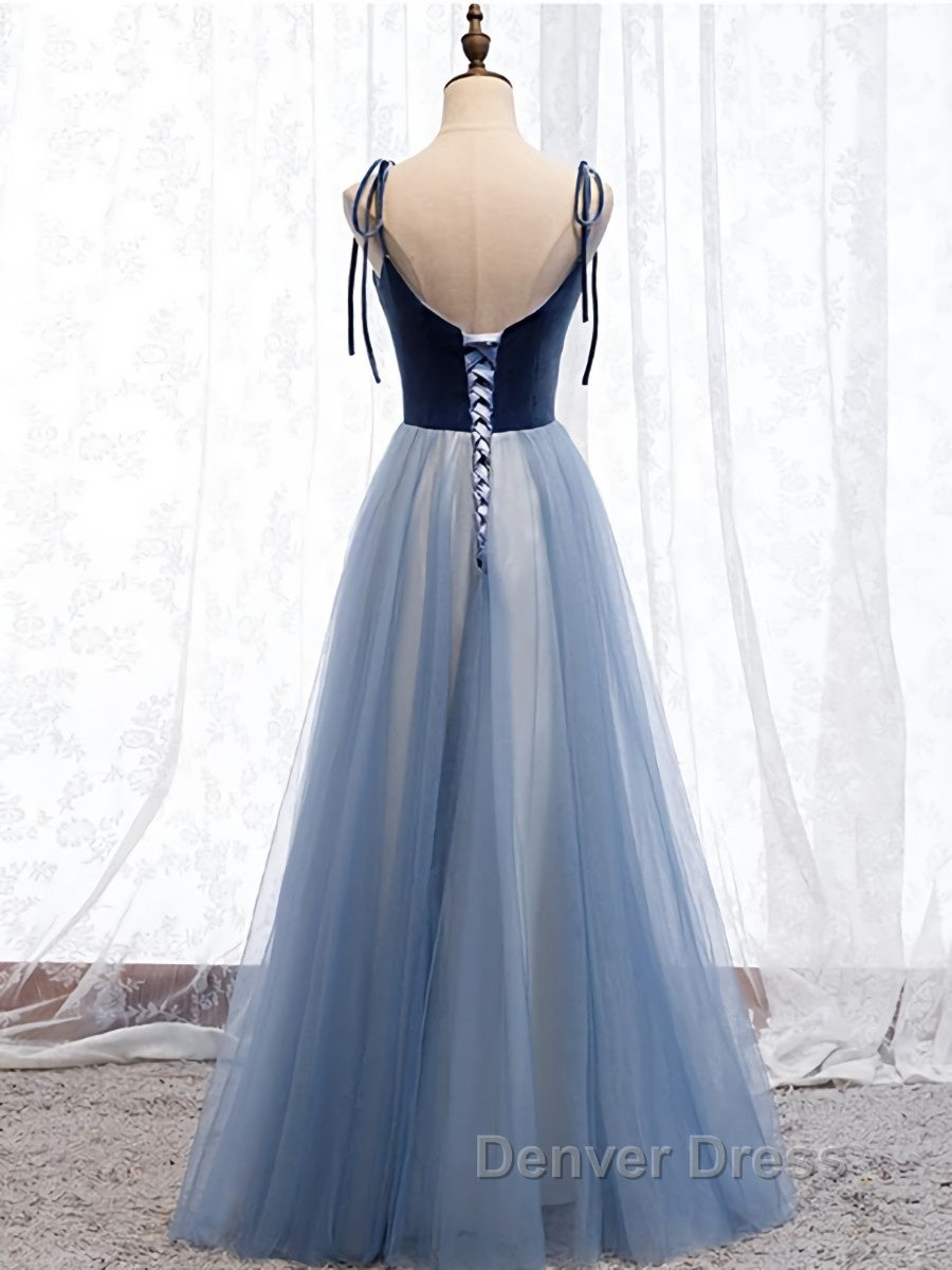A Line Sleeveless Floor Length Blue Prom Dress, Blue Long Prom Bridesmaid Prom Dresses Secondary image