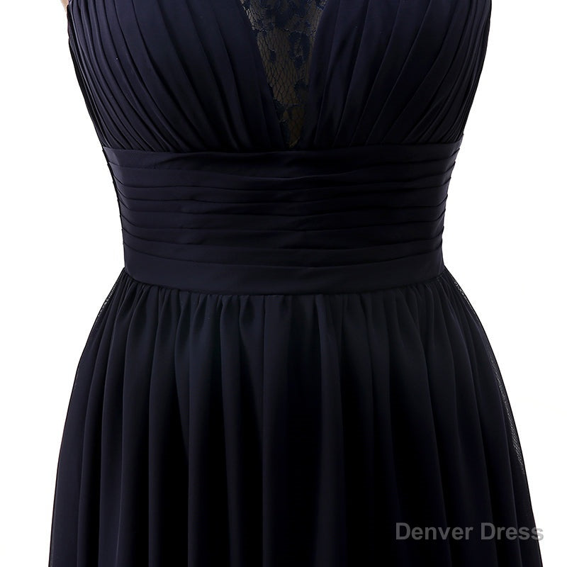 A Line Sleeveless Lace Chiffon Long Black Prom Dresses