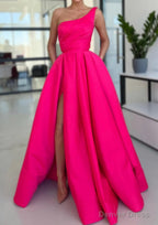 A Line Sleeveless One Shoulder Long Floor Length Satin Prom Dresses With Split Ruffles Pockets