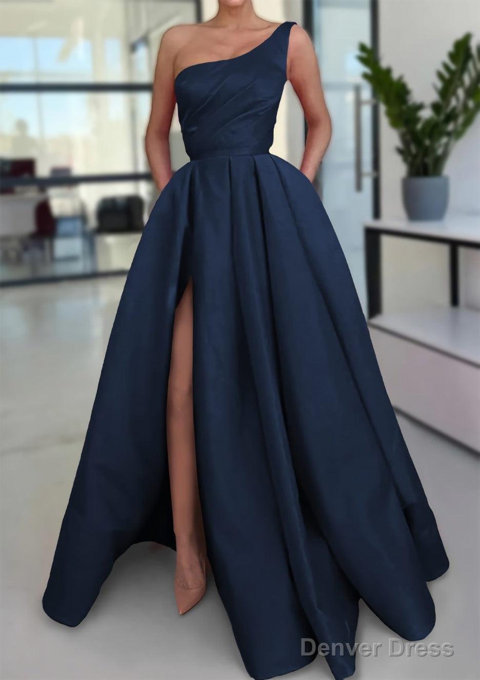 A-line Sleeveless One-Shoulder Long/Floor-Length Satin Prom Dresses With Split Ruffles Pockets